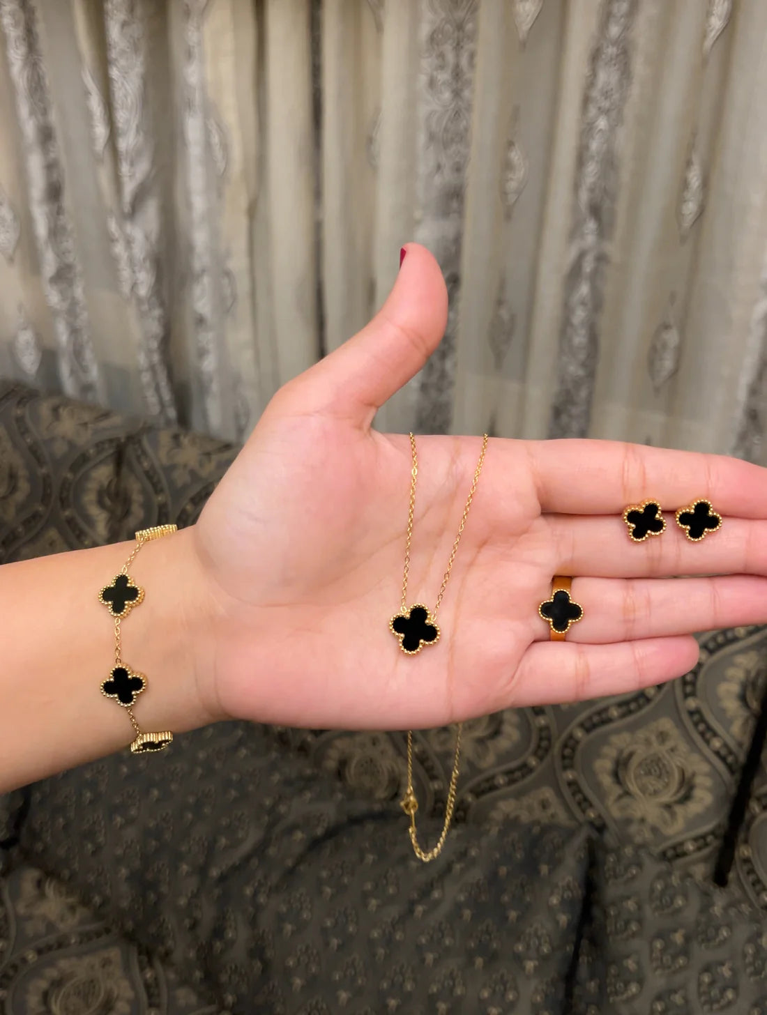 Black Clover Necklace Earrings Bracelet Ring Set Stainless Steel