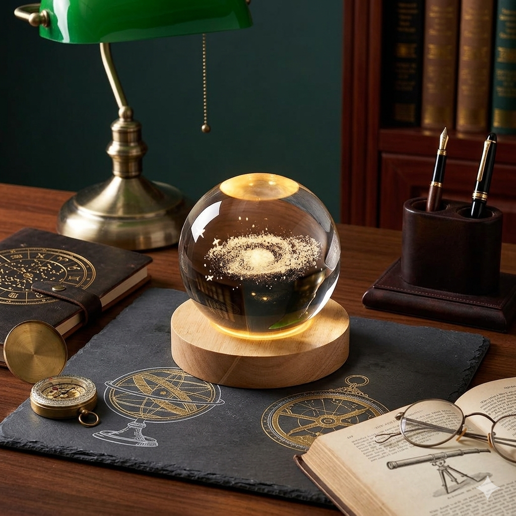 3D Solar System Crystal Ball Night Lamp with Wooden Base