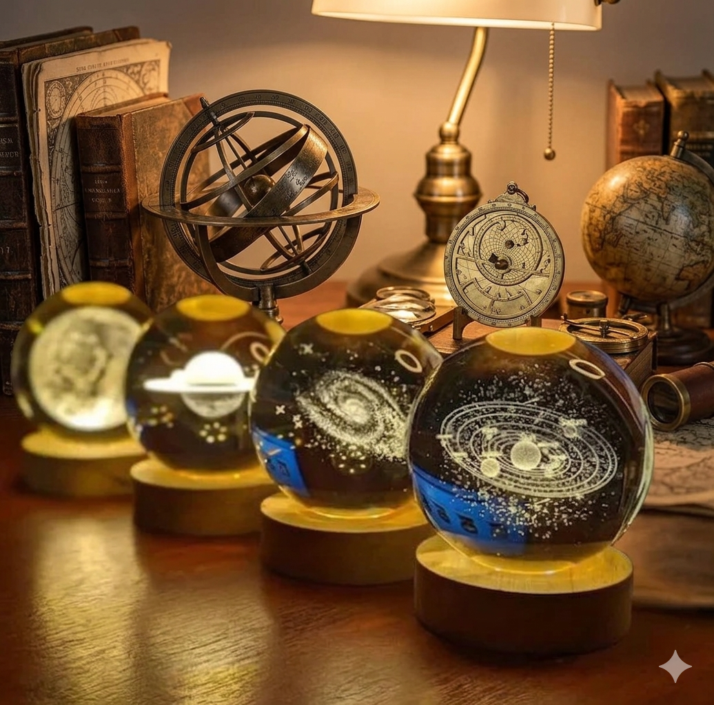 3D Solar System Crystal Ball Night Lamp with Wooden Base