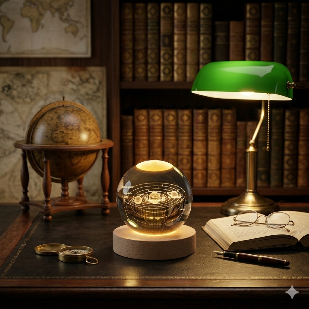 3D Solar System Crystal Ball Night Lamp with Wooden Base
