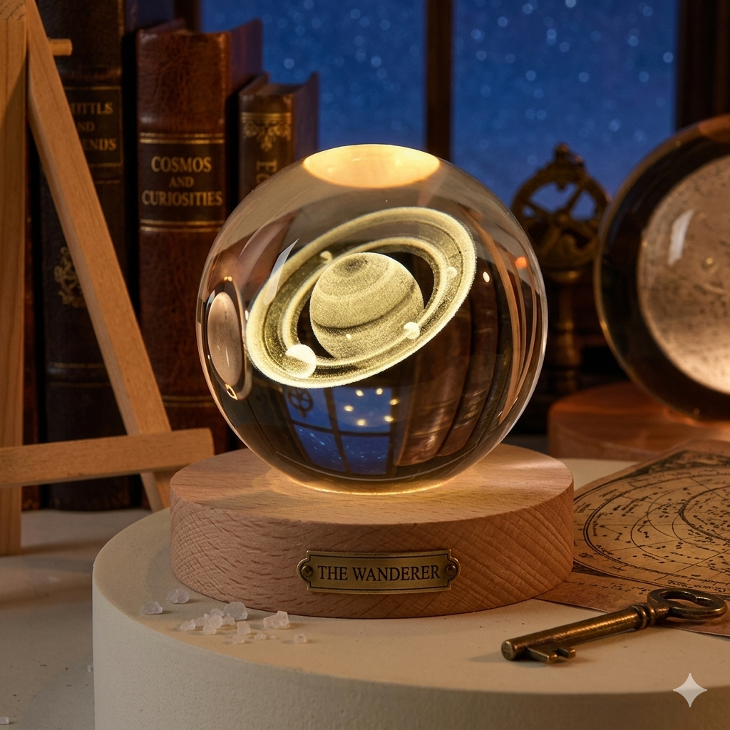 3D Solar System Crystal Ball Night Lamp with Wooden Base