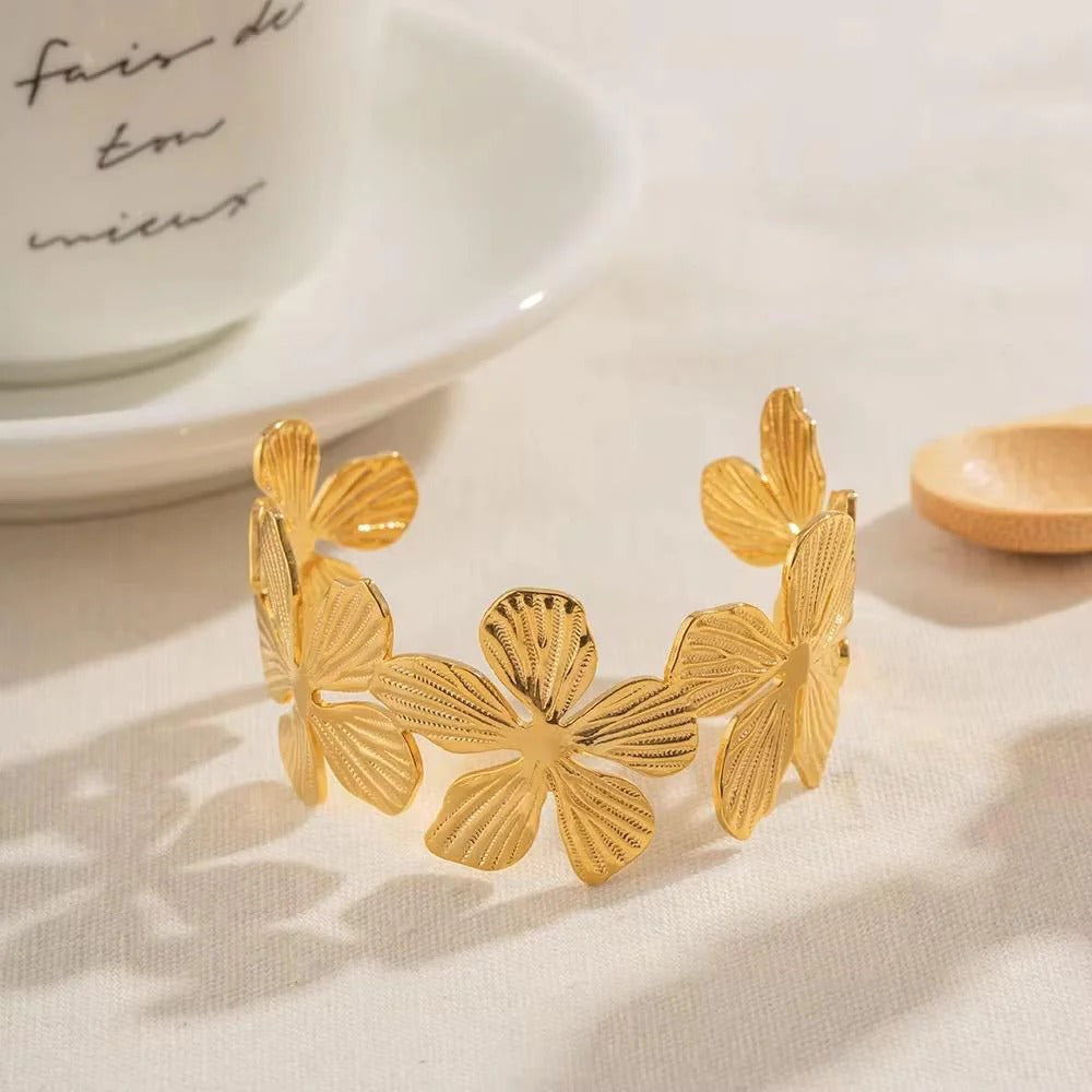 Gold Plated Flower Design Bangle Open Cuff Pakistan
