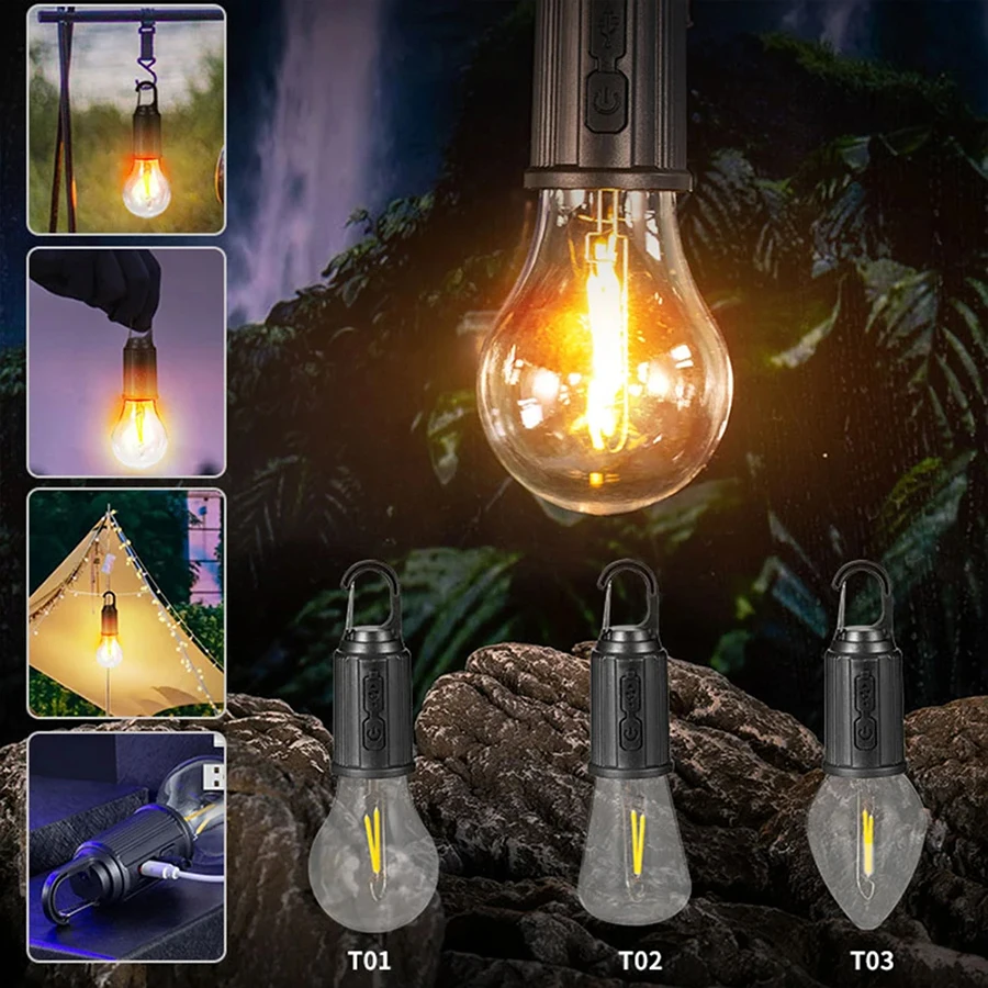 Rechargeable LED lantern bulb with hanging hook, Type-C waterproof, portable outdoor light